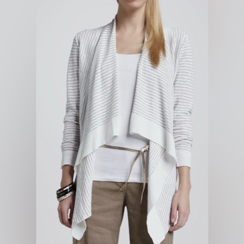 Eileen Fisher Linen gray & white striped open front cardigan S - Picture 3 of 10